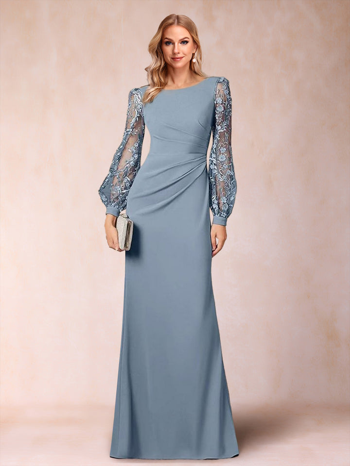 Sheath/Column Scoop Long Sleeves Floor-Length Chiffon Mother Of The Bride Dresses With Lace Embroidery