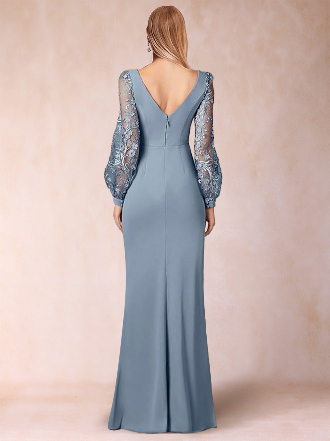 Sheath/Column Scoop Long Sleeves Floor-Length Chiffon Mother Of The Bride Dresses With Lace Embroidery