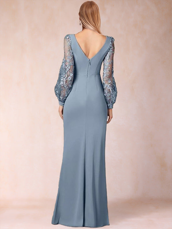 Sheath/Column Scoop Long Sleeves Floor-Length Chiffon Mother Of The Bride Dresses With Lace Embroidery