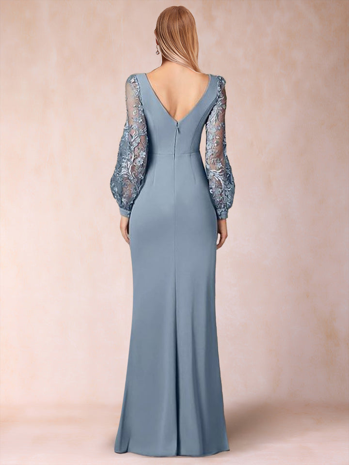 Sheath/Column Scoop Long Sleeves Floor-Length Chiffon Mother Of The Bride Dresses With Lace Embroidery