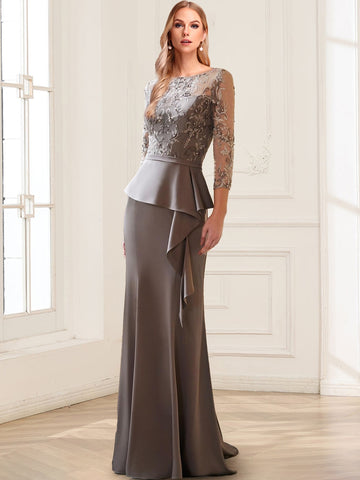 Trumpet/Mermaid Illusion Scoop 3/4 Sleeves Floor Length Mother of the Bride Dresses with Sash & Beading Appliques