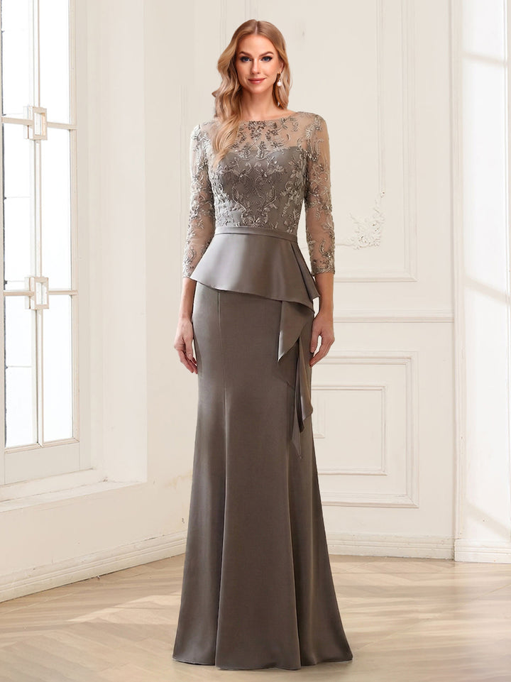 Trumpet/Mermaid Illusion Scoop 3/4 Sleeves Floor Length Mother of the Bride Dresses with Sash &amp; Beading Appliques
