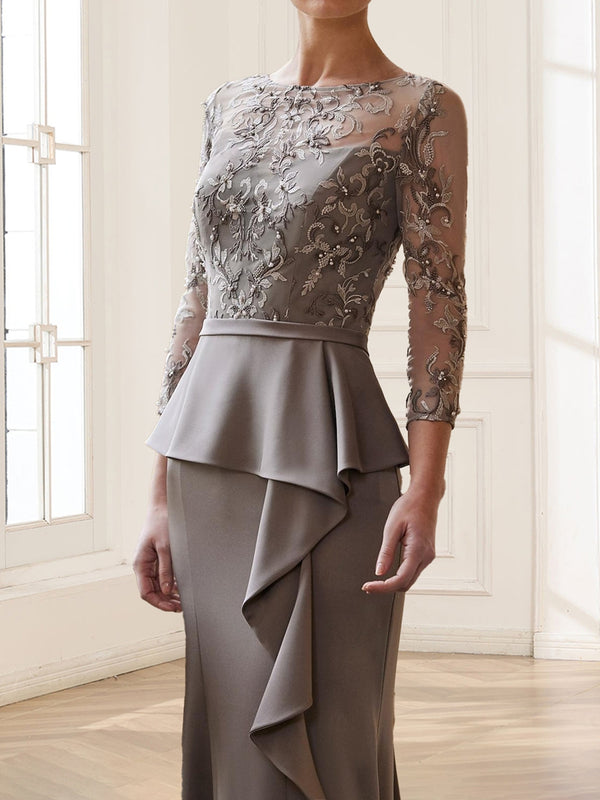 Trumpet/Mermaid Illusion Scoop 3/4 Sleeves Floor Length Mother of the Bride Dresses with Sash & Beading Appliques