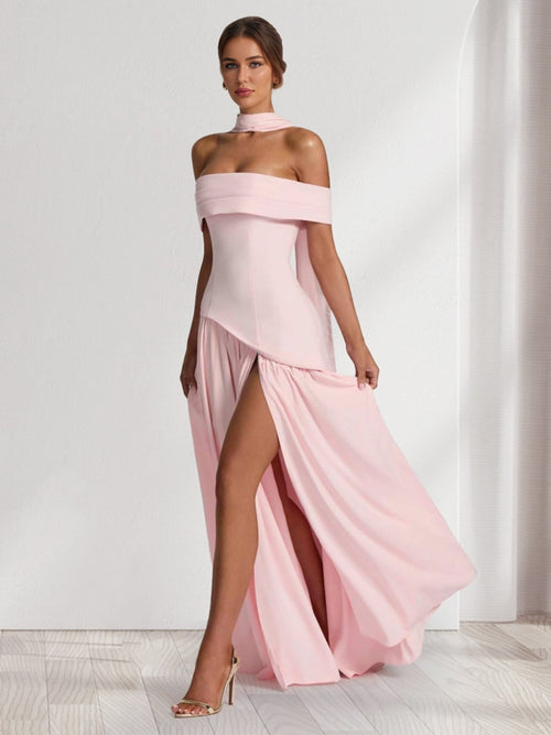 Chiffon Sheath/Column Off-the-Shoulder Floor-Length Bridesmaid Dress With Scarf & Split Side