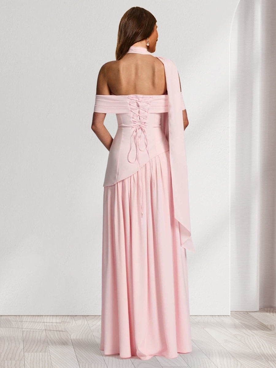 Chiffon Sheath/Column Off-the-Shoulder Floor-Length Bridesmaid Dress With Scarf &amp; Split Side