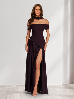 Chiffon Sheath/Column Off-the-Shoulder Floor-Length Bridesmaid Dress With Scarf & Split Side