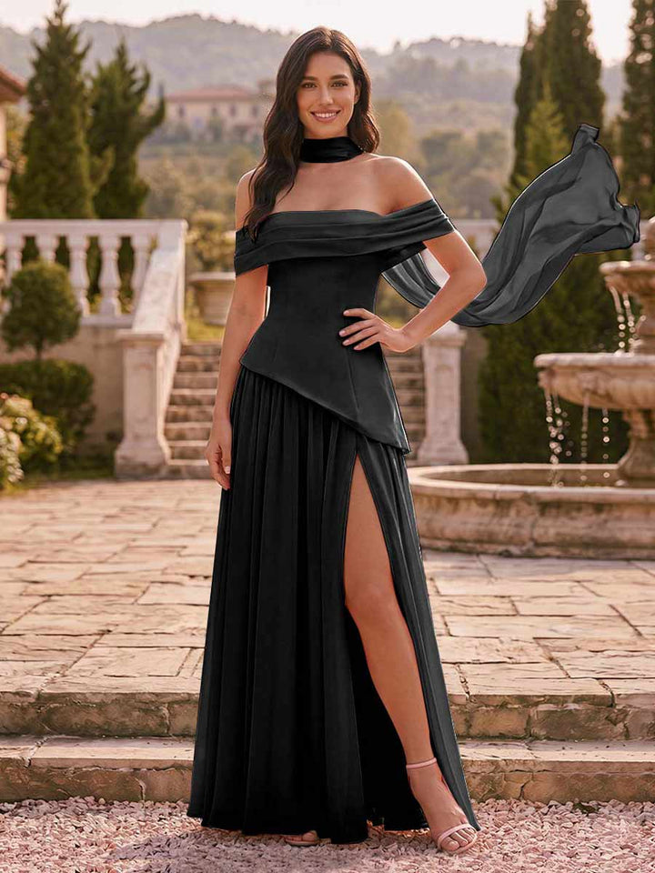 Chiffon Sheath/Column Off-the-Shoulder Floor-Length Bridesmaid Dress With Scarf &amp; Split Side