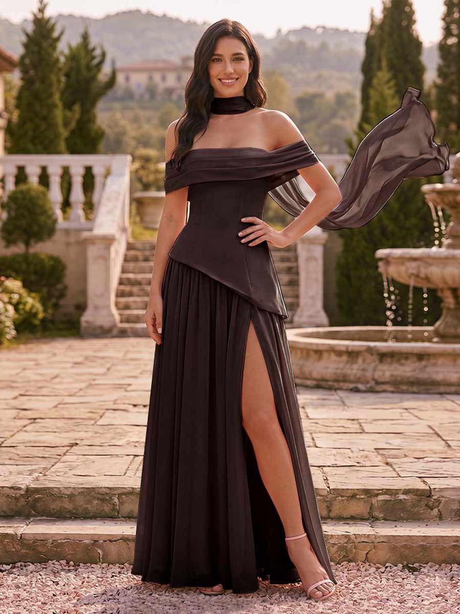 Chiffon Sheath/Column Off-the-Shoulder Floor-Length Bridesmaid Dress With Scarf &amp; Split Side