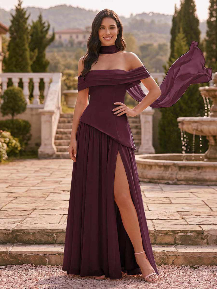Chiffon Sheath/Column Off-the-Shoulder Floor-Length Bridesmaid Dress With Scarf &amp; Split Side