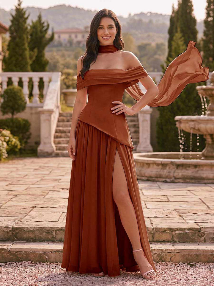 Chiffon Sheath/Column Off-the-Shoulder Floor-Length Bridesmaid Dress With Scarf &amp; Split Side