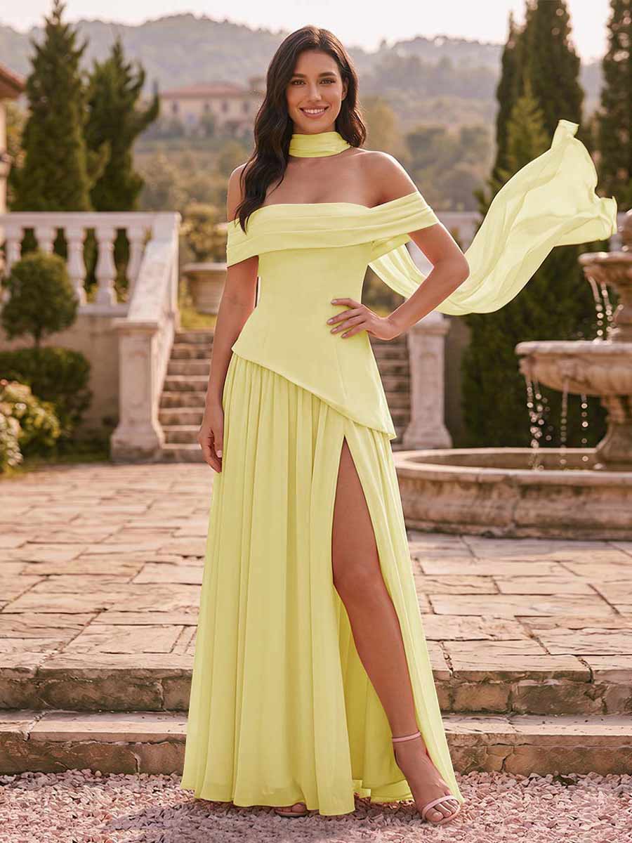 Chiffon Sheath/Column Off-the-Shoulder Floor-Length Bridesmaid Dress With Scarf &amp; Split Side