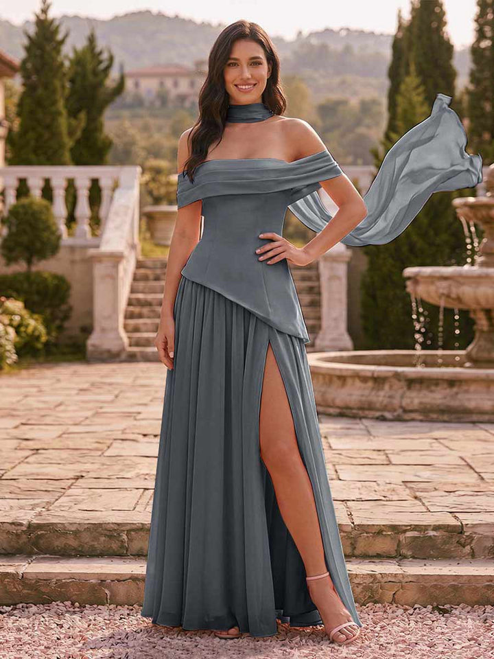 Chiffon Sheath/Column Off-the-Shoulder Floor-Length Bridesmaid Dress With Scarf &amp; Split Side