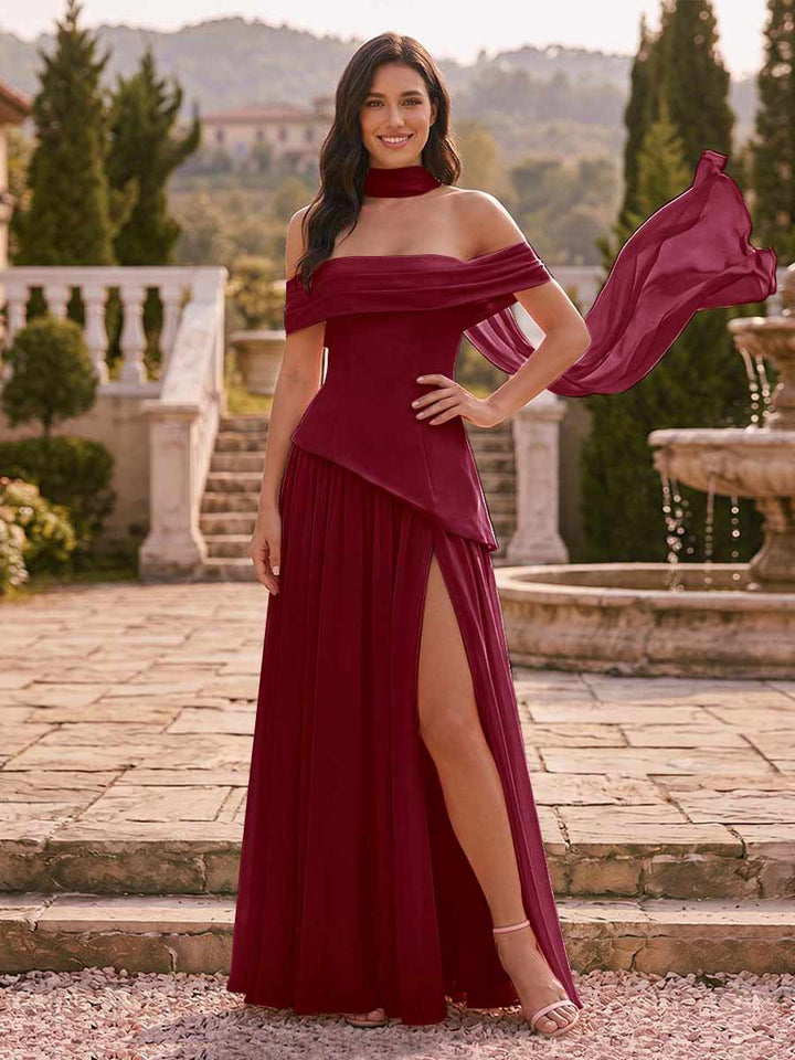 Chiffon Sheath/Column Off-the-Shoulder Floor-Length Bridesmaid Dress With Scarf &amp; Split Side