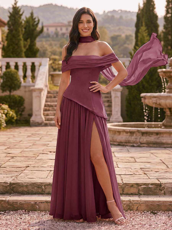Chiffon Sheath/Column Off-the-Shoulder Floor-Length Bridesmaid Dress With Scarf &amp; Split Side