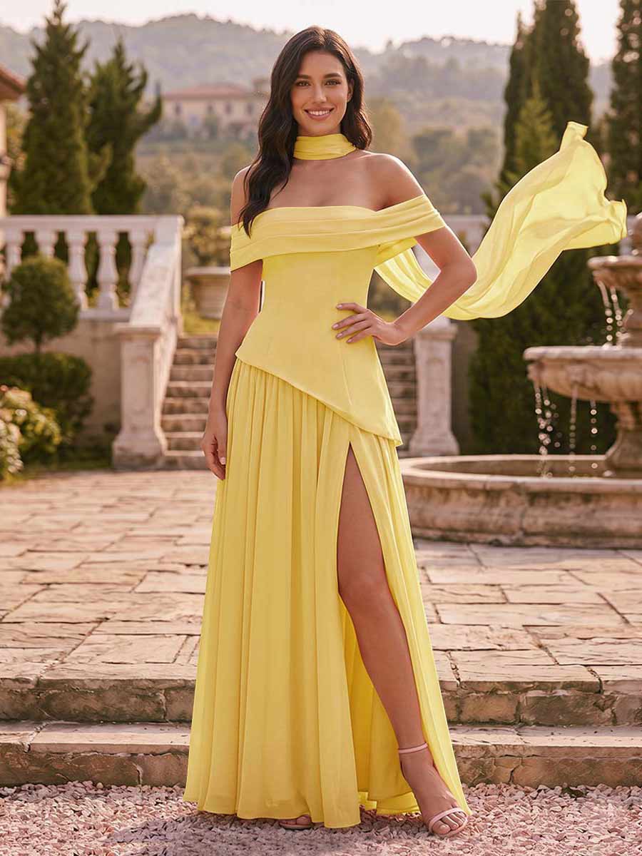 Chiffon Sheath/Column Off-the-Shoulder Floor-Length Bridesmaid Dress With Scarf &amp; Split Side