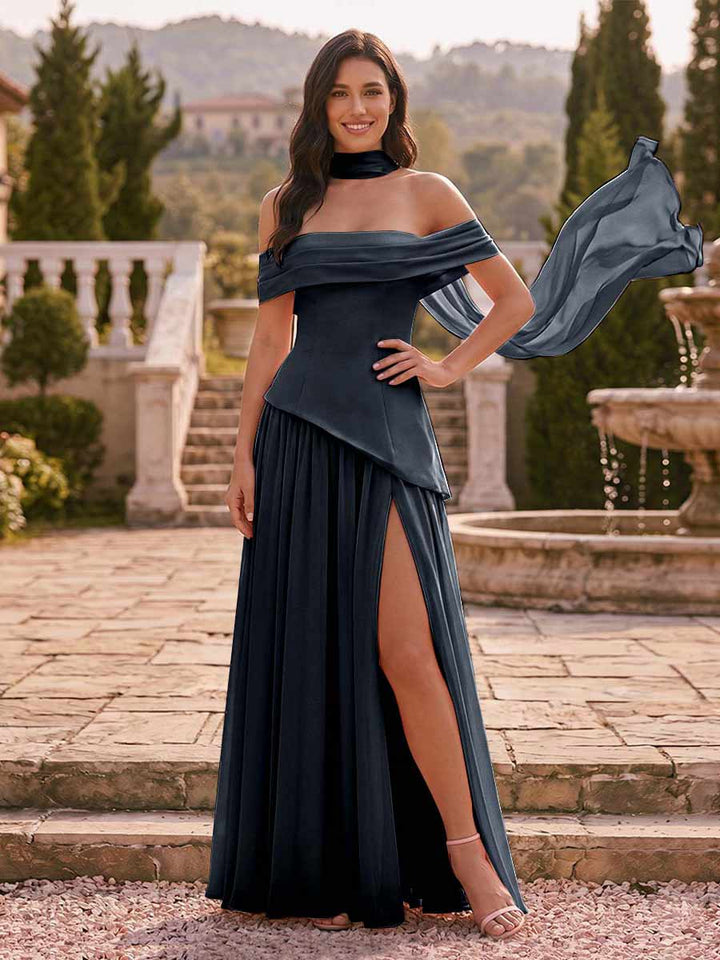 Chiffon Sheath/Column Off-the-Shoulder Floor-Length Bridesmaid Dress With Scarf &amp; Split Side