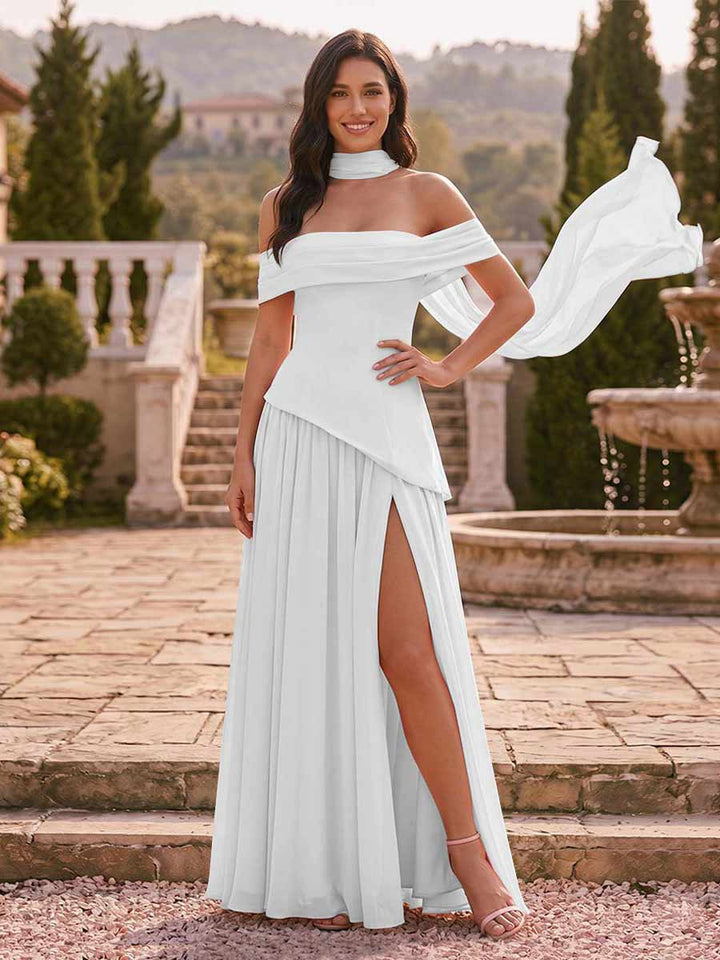 Chiffon Sheath/Column Off-the-Shoulder Floor-Length Bridesmaid Dress With Scarf &amp; Split Side