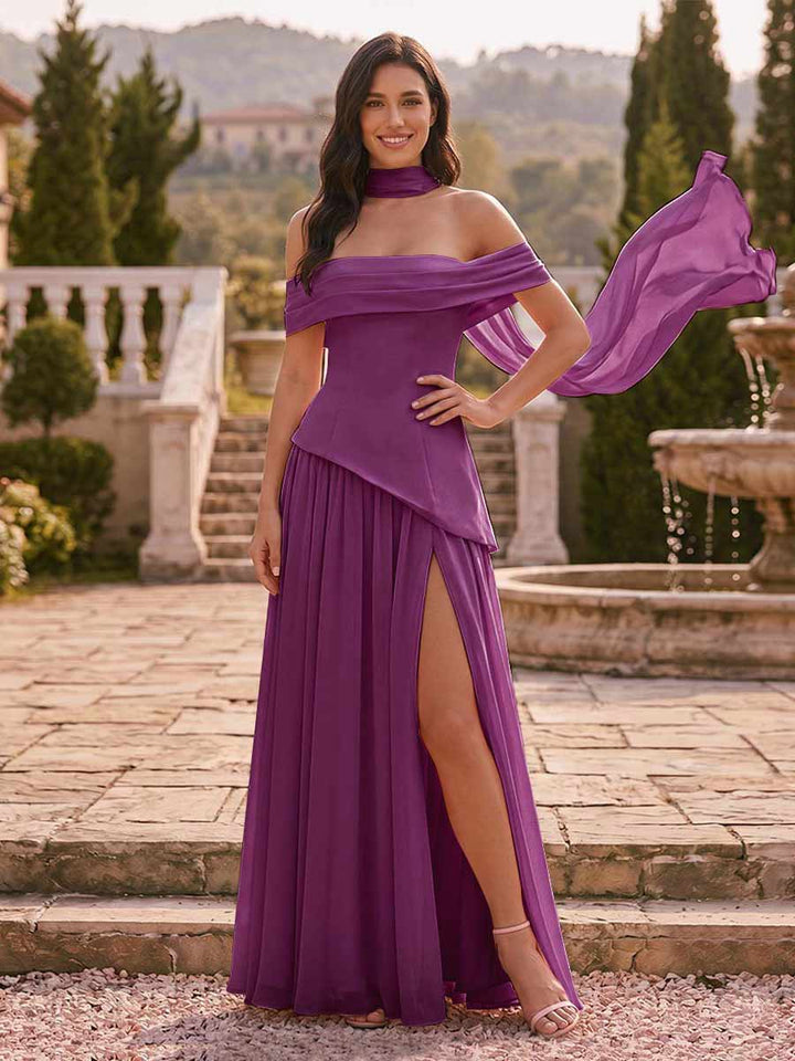 Chiffon Sheath/Column Off-the-Shoulder Floor-Length Bridesmaid Dress With Scarf &amp; Split Side