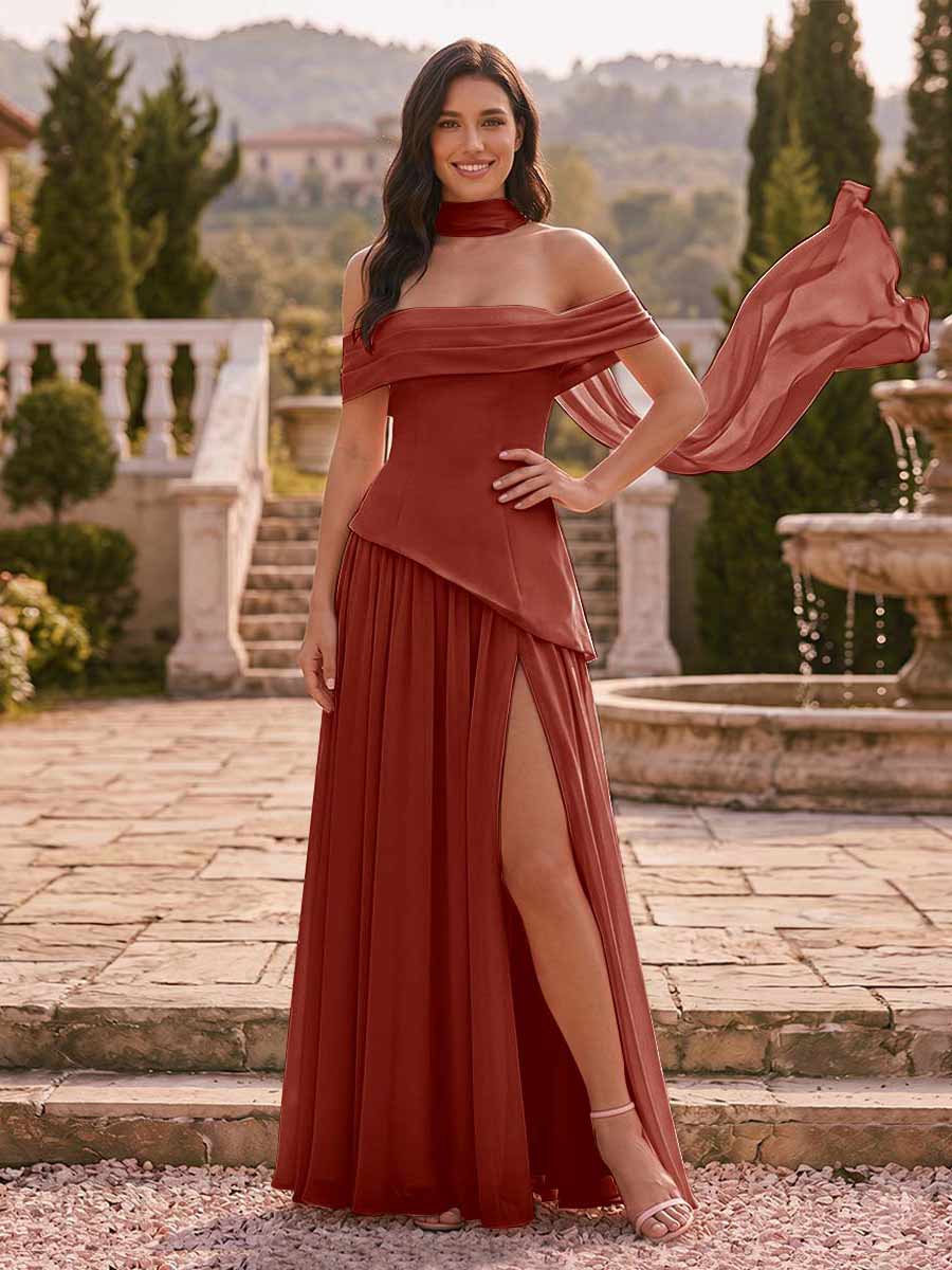 Chiffon Sheath/Column Off-the-Shoulder Floor-Length Bridesmaid Dress With Scarf &amp; Split Side