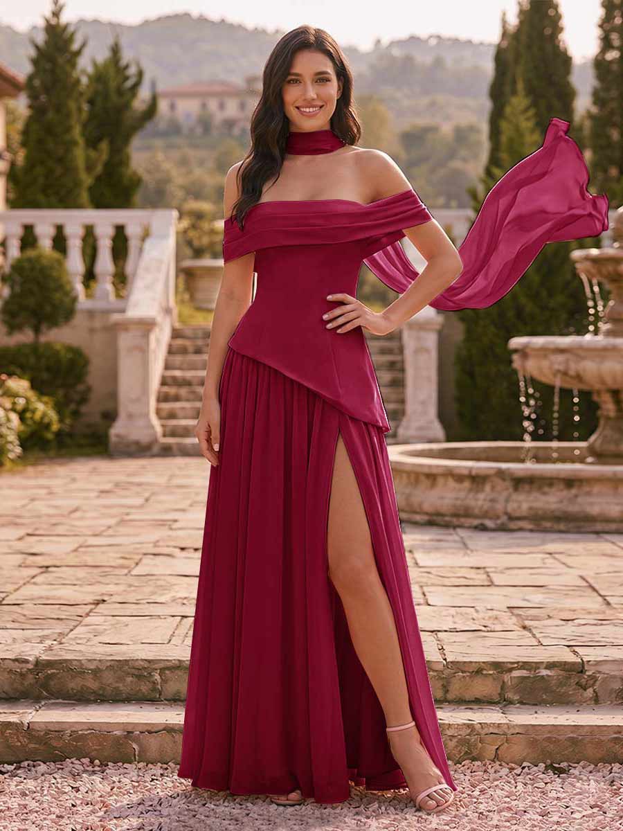 Chiffon Sheath/Column Off-the-Shoulder Floor-Length Bridesmaid Dress With Scarf &amp; Split Side