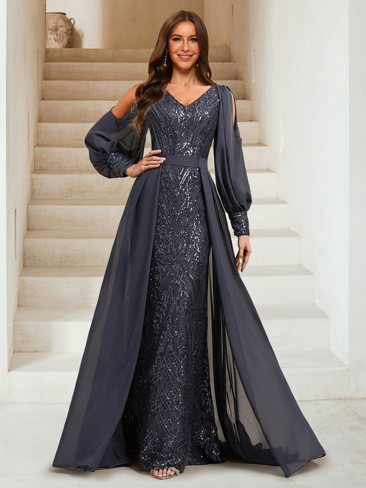 Sheath/Column V-Neck Long Sleeves Floor-Length Evening Dresses with Sequins &amp; Overskirt