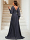 Sheath/Column V-Neck Long Sleeves Floor-Length Evening Dresses with Sequins & Overskirt