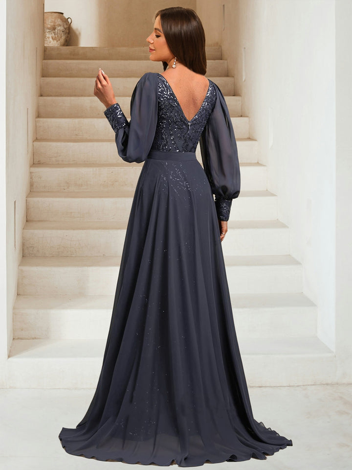 Sheath/Column V-Neck Long Sleeves Floor-Length Evening Dresses with Sequins &amp; Overskirt