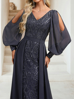 Sheath/Column V-Neck Long Sleeves Floor-Length Evening Dresses with Sequins & Overskirt