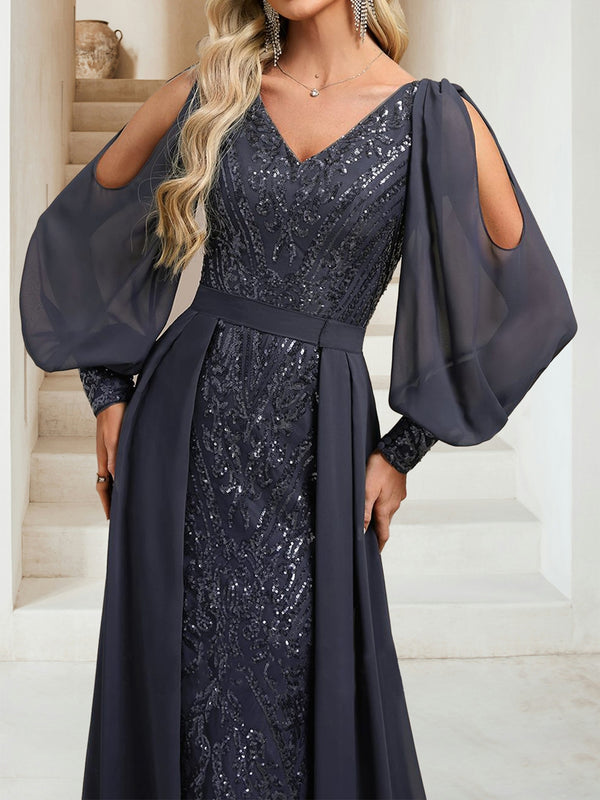 Sheath/Column V-Neck Long Sleeves Floor-Length Evening Dresses with Sequins & Overskirt