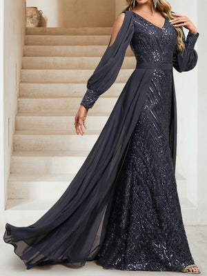 Sheath/Column V-Neck Long Sleeves Floor-Length Evening Dresses with Sequins & Overskirt