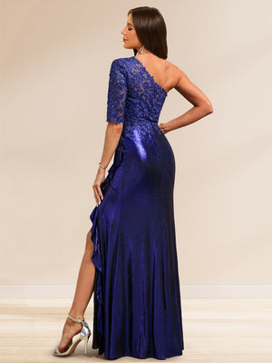 Sheath/Column Asymmetrical One Shoulder Half Sleeve Floor-Length Evening Dresses with Sequins & Split Side