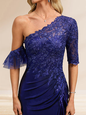 Sheath/Column Asymmetrical One Shoulder Half Sleeve Floor-Length Evening Dresses with Sequins & Split Side