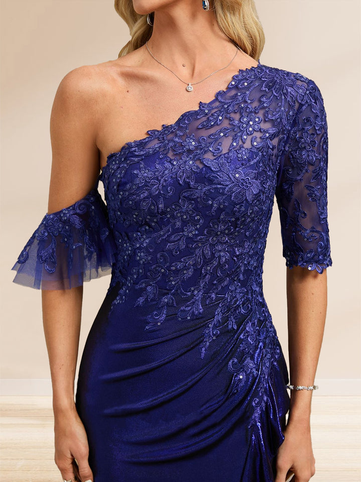 Sheath/Column Asymmetrical One Shoulder Half Sleeve Floor-Length Evening Dresses with Sequins &amp; Split Side