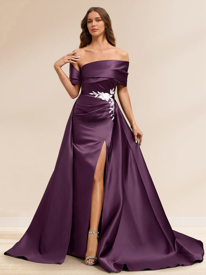Sheath/Column Off the Shoulder Floor-Length Detachable Evening Dresses with Overskirt &amp; Appliques