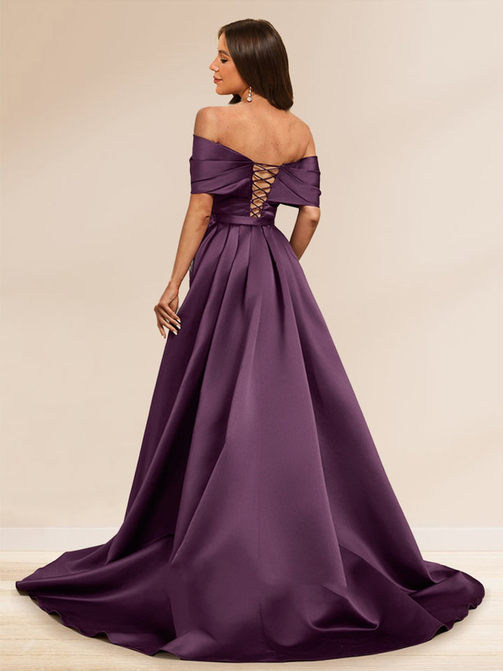 Sheath/Column Off the Shoulder Floor-Length Detachable Evening Dresses with Overskirt &amp; Appliques