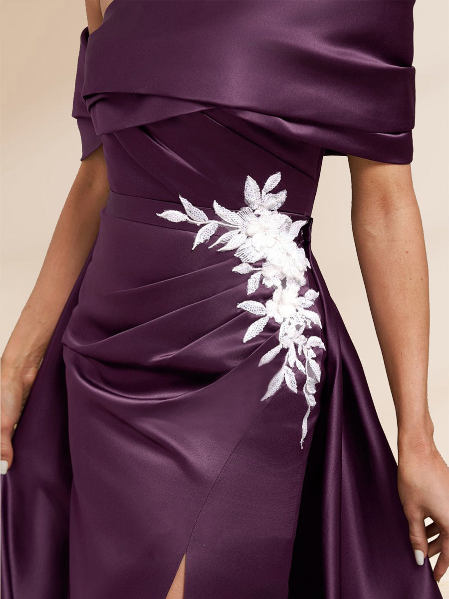 Sheath/Column Off the Shoulder Floor-Length Detachable Evening Dresses with Overskirt &amp; Appliques