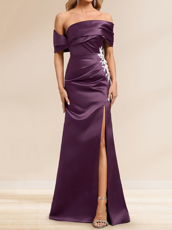 Sheath/Column Off the Shoulder Floor-Length Detachable Evening Dresses with Overskirt &amp; Appliques