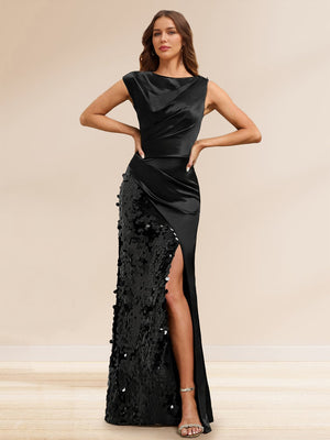 Sheath/Column Boat Neck Floor-Length Evening Dresses with Sequins & Split Side