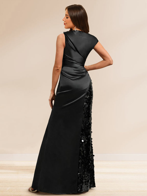 Sheath/Column Boat Neck Floor-Length Evening Dresses with Sequins & Split Side