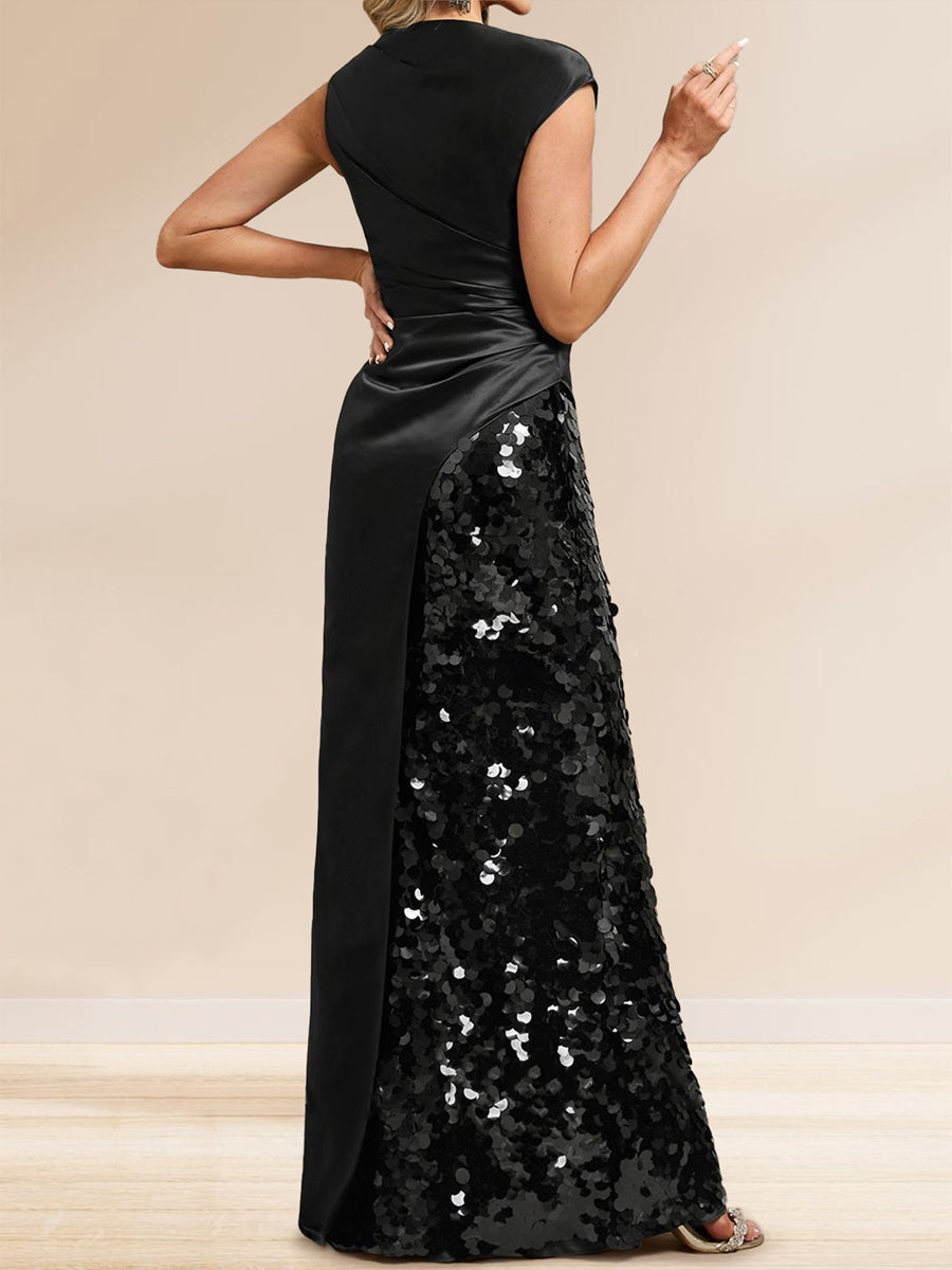 Sheath/Column Boat Neck Floor-Length Evening Dresses with Sequins &amp; Split Side