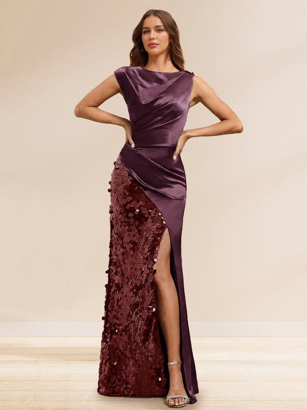 Sheath/Column Boat Neck Floor-Length Evening Dresses with Sequins & Split Side