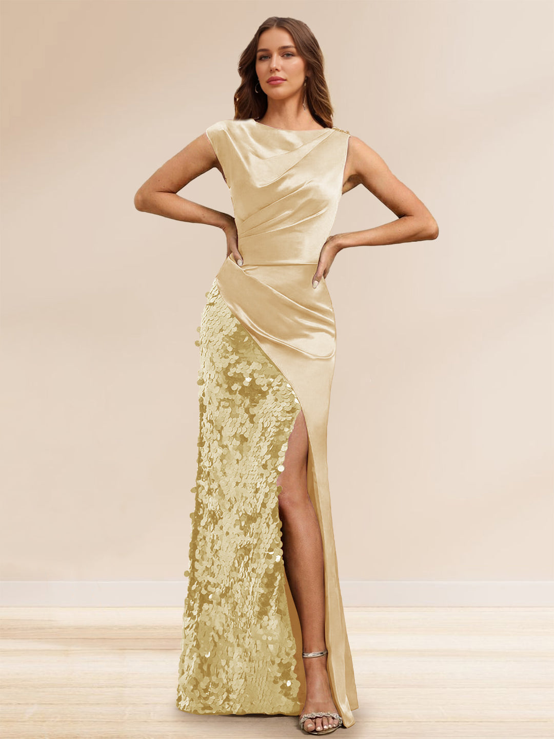 Sheath/Column Boat Neck Floor-Length Evening Dresses with Sequins &amp; Split Side