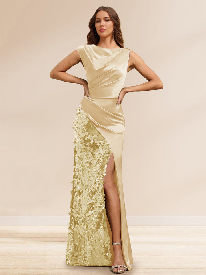 Sheath/Column Boat Neck Floor-Length Evening Dresses with Sequins &amp; Split Side