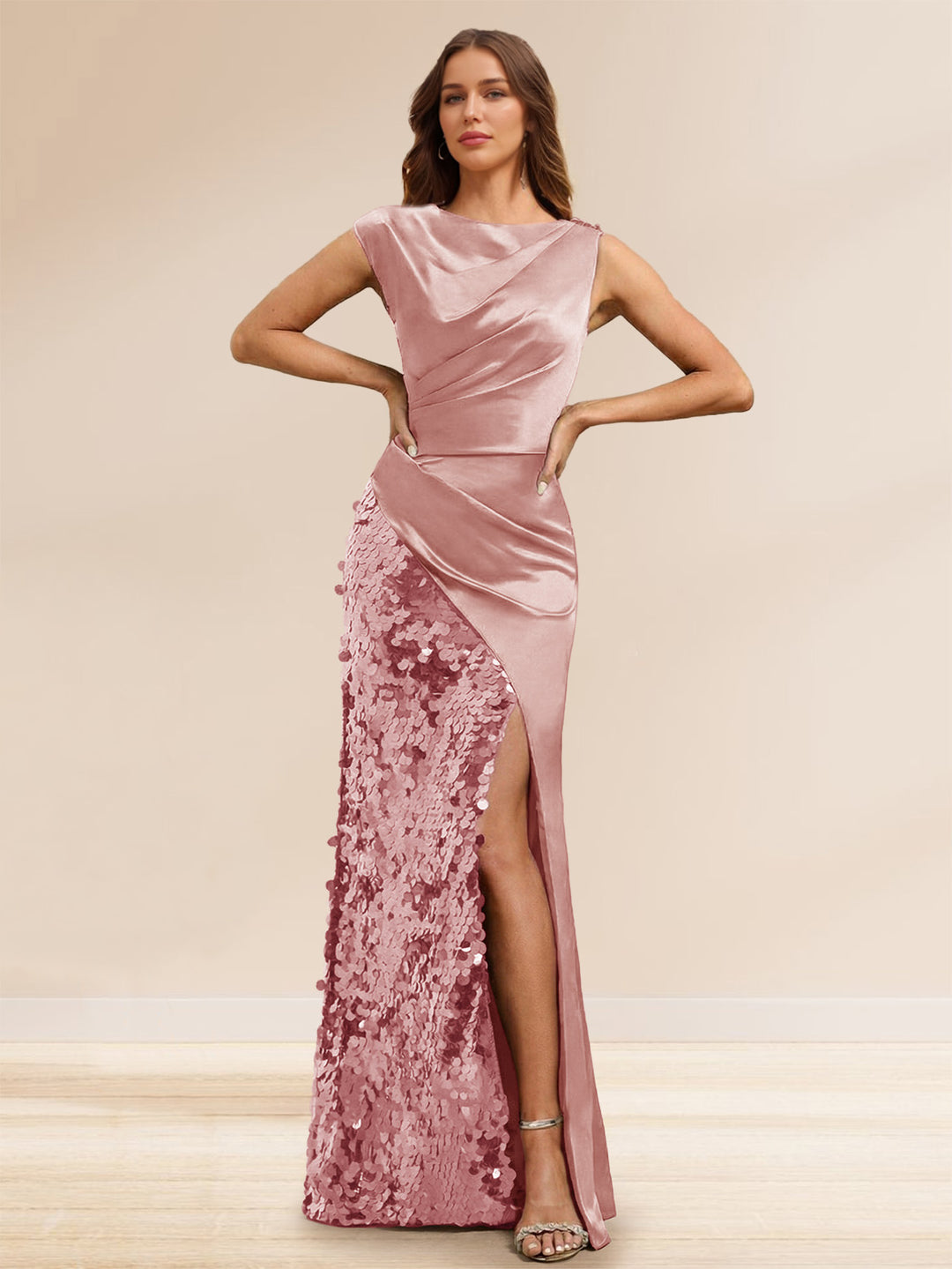 Sheath/Column Boat Neck Floor-Length Evening Dresses with Sequins &amp; Split Side