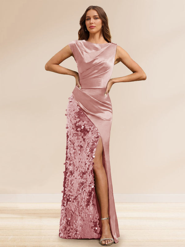 Sheath/Column Boat Neck Floor-Length Evening Dresses with Sequins & Split Side