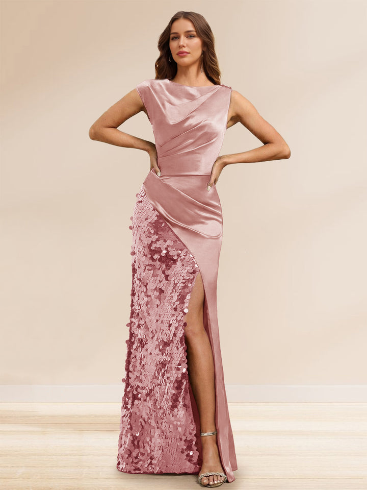 Sheath/Column Boat Neck Floor-Length Evening Dresses with Sequins &amp; Split Side
