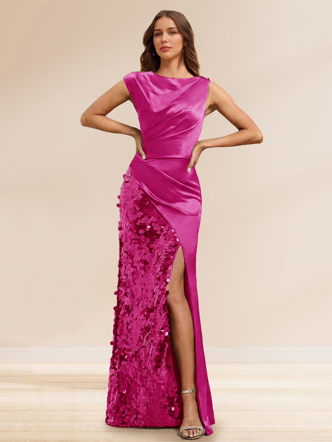 Sheath/Column Boat Neck Floor-Length Evening Dresses with Sequins &amp; Split Side