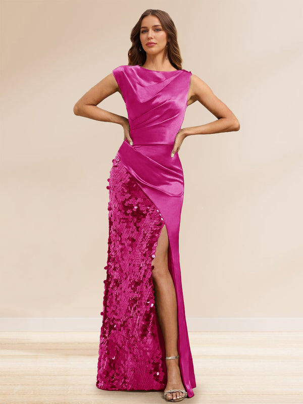Sheath/Column Boat Neck Floor-Length Evening Dresses with Sequins & Split Side