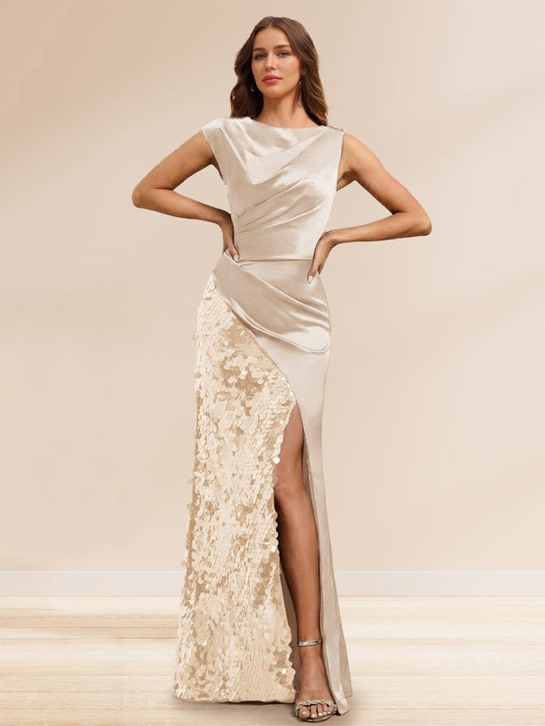 Sheath/Column Boat Neck Floor-Length Evening Dresses with Sequins & Split Side