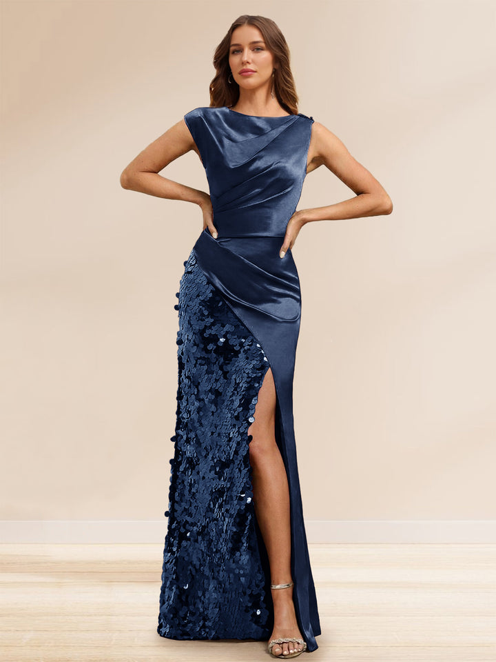 Sheath/Column Boat Neck Floor-Length Evening Dresses with Sequins &amp; Split Side